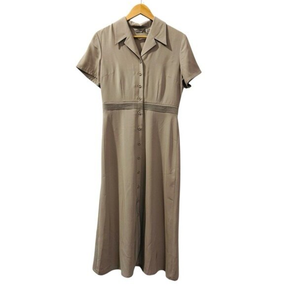 Eddie Bauer Vintage Taupe Button-Front Midi Shirt Dress Short Sleeve Size 8 - Picture 2 of 11